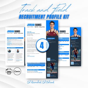 May include: A track and field recruitment profile kit featuring four pages with the name "Jordan Banks" and the text "Sprints / Long Jump." The kit includes a photo of a young man and the text "Get Recruited. Get Noticed."