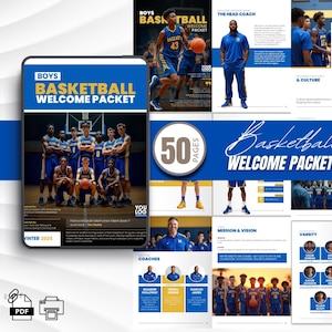 Könnte beinhalten: Ein blau-goldenes Basketball-Willkommenspaket mit dem Text "BOYS BASKETBALL WELCOME PACKET" auf dem Cover. Das Paket enthält Teamfotos, Trainerprofile und Informationen über die Mission und Vision des Teams. Das Paket hat 50 Seiten.