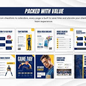 Op de afbeelding: Een verzameling honkbal-thema documenten met titels als "Return-to-Play Policy" en "Game Day". De documenten bevatten afbeeldingen van honkbalspelers en zijn ontworpen met een blauw en geel kleurenschema. De tekst "Packed with Value" staat bovenaan.