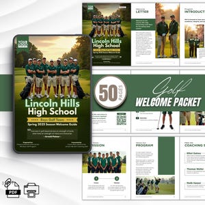 May include: A brochure for the Lincoln Hills High School Boys Golf Team. The cover features a team photo and the text "Spring 2025 Season Welcome Guide." The brochure is green and white with the words "Golf Welcome Packet."
