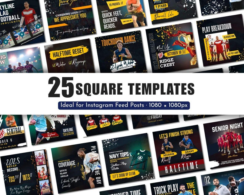 May include: A set of 25 square Instagram templates with a sports theme. Each template has a dark background with bold text and images related to football, including game highlights, player stats, and team logos. The templates are designed for 1080 x 1080 px posts.