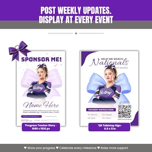 May include: Two digital flyer templates for cheerleading sponsorship, featuring a purple and white color scheme. The designs include a cheerleader in a purple uniform, large bows, and text such as SPONSOR ME, HELP ME REACH Nationals, and payment instructions with a QR code.