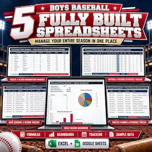 May include: A digital product featuring 5 fully built baseball spreadsheets for managing a season. The display shows a master dashboard, roster manager, statistics tracker, game schedule, and practice planner compatible with Excel and Google Sheets.
