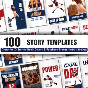 May include: A collection of 100 baseball-themed story templates for Instagram, Reels, and Facebook. Each template features action shots, text overlays, and team names. The templates are designed for a 1080 x 1920px format.