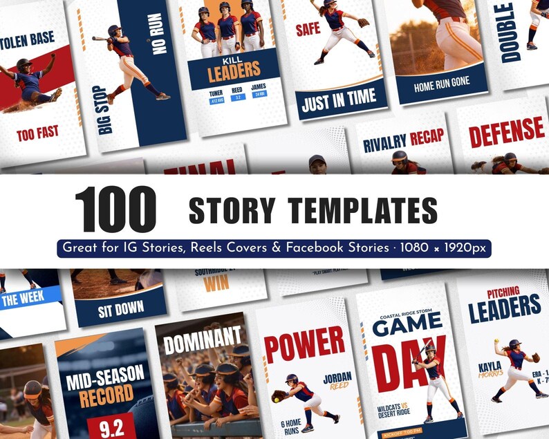 May include: A collection of 100 baseball-themed story templates for Instagram, Reels, and Facebook. Each template features action shots, text overlays, and team names. The templates are designed for a 1080 x 1920px format.