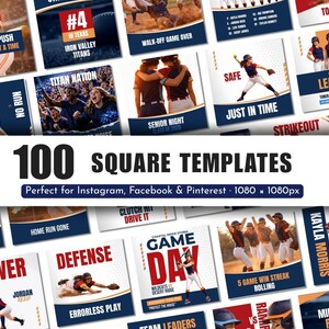 May include: A collection of 100 square templates for social media, featuring baseball and softball themes. The designs include action shots, team names, and phrases like "Game Day" and "Home Run Gone."