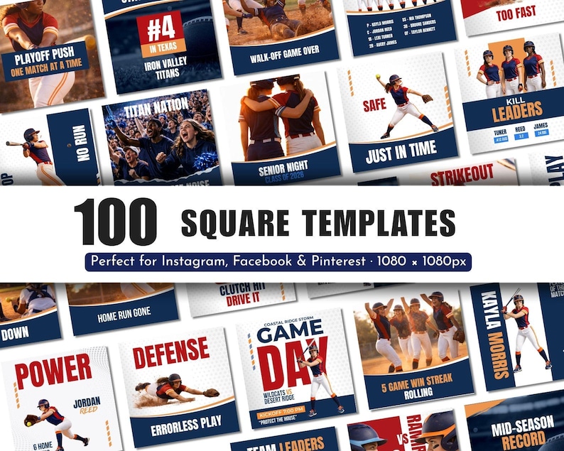 May include: A collection of 100 square templates for social media, featuring baseball and softball themes. The designs include action shots, team names, and phrases like "Game Day" and "Home Run Gone."