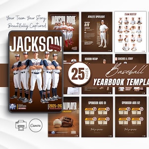 May include: A baseball yearbook template with a brown and white design. The cover features a team photo with the name "JACKSON" and the text "Your Team, Your Story, Beautifully Captured." Additional pages include athlete spotlights and sponsor ads.