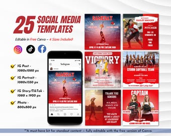 25 Softball Social Media Vorlagen | Spieltag, Spieler-Statistiken, Spielpläne & Mehr | Bearbeitbares Canva Kit - 4 Größen enthalten