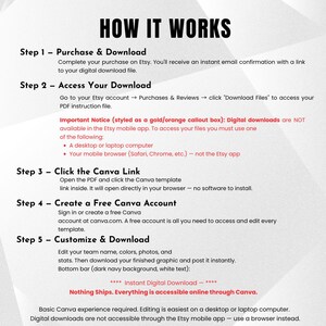 May include: A white graphic detailing the steps to access digital downloads on Etsy, titled "HOW IT WORKS". Instructions include purchasing, accessing the download, using a Canva link, creating a free Canva account, and customising the design.