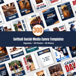 May include: A collection of 300 softball social media Canva templates. The templates are square and designed for IG posts and stories. The templates feature action shots, team graphics, and motivational text.
