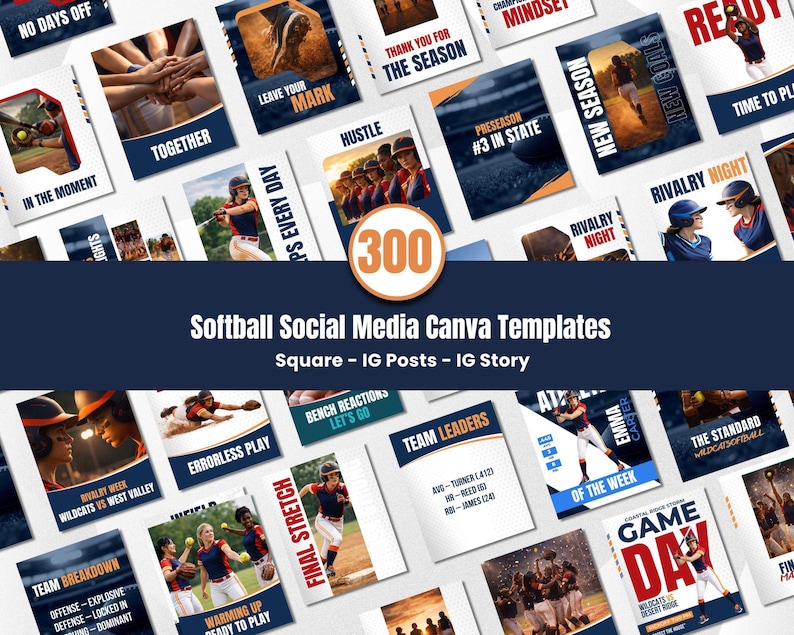 May include: A collection of 300 softball social media Canva templates. The templates are square and designed for IG posts and stories. The templates feature action shots, team graphics, and motivational text.