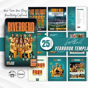 May include: A softball yearbook template with a teal and white design. The cover features a team photo in yellow uniforms. The template includes pages for team photos, rosters, and sponsor ads. The text reads "Softball Yearbook Template".