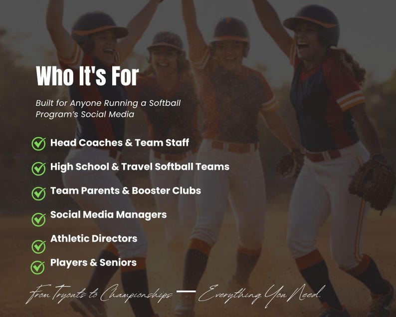 May include: Image features a group of softball players in action, with text overlayed. The text reads "Who It's For" and lists target audiences including coaches, teams, parents, social media managers, athletic directors, and players. The phrase "From Tryouts to Championships - Everything You Need" is also visible.