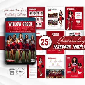 May include: A red and white Cheerleading Yearbook Template with 25 pages. The cover features the Willow Creek Comets Varsity cheerleading team. Additional pages showcase team photos, sponsor ads, and achievements. The template is designed in Canva.
