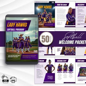 May include: A softball welcome packet with a purple and gold design. The cover features the text "Willow Ridge High School Lady Hawks Softball Program" and a team photo. The packet includes 50 pages.
