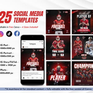 25 Football Social Media Templates | Game Day, Player Stats, Match Schedules & More | Editable Canva Kit – 4 Sizes Included