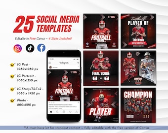 25 Fußball Social Media Vorlagen | Spieltag, Spieler-Statistiken, Spielpläne & Mehr | Bearbeitbares Canva Kit - 4 Größen enthalten