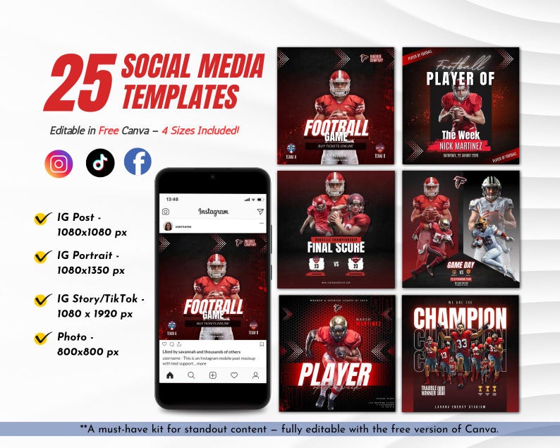 Football Social Media Template Bundle Editable in Canva Game Day Posts ...