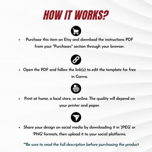 Pu&ograve; includere: Sfondo bianco con testo rosso "HOW IT WORKS?". Istruzioni: acquisto su Etsy, download di un PDF, modifica in Canva, stampa e condivisione sui social media.  Consiglia anche di leggere la descrizione completa prima dell'acquisto.