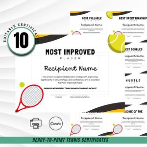 以下が含まれることがあります： 緑、黒、黄色の配色が施された、印刷可能なテニス証明書のセット。 最優秀選手、ベストスポーツマンシップ、最優秀選手、ベストダブルス、ハッスル、年間最優秀新人賞の表彰状が含まれています。 下部には「READY-TO-PRINT TENNIS CERTIFICATES」の文字があります。