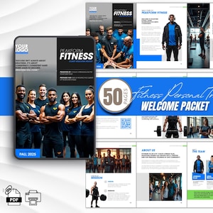 May include: A fitness welcome packet with a blue and white design. The cover features the text "PEAKFORM FITNESS" and a group of people. The packet includes 50 pages and the text "Fitness Personal Trainer Welcome Packet."