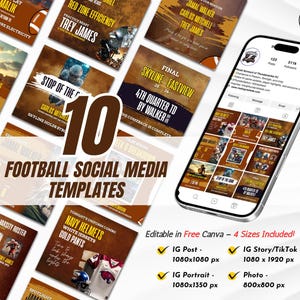 10 Football Social Media Templates | Game Day, Player Stats, Match Schedules & More | Editable Canva Kit – 4 Sizes Included