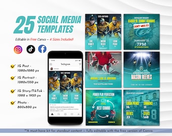 Paquete de plantillas editables en Canva para redes sociales sobre hockey sobre hielo: publicaciones para el día del partido, resúmenes de jugadores, diseños de calendario de partidos para equipos y entrenadores.