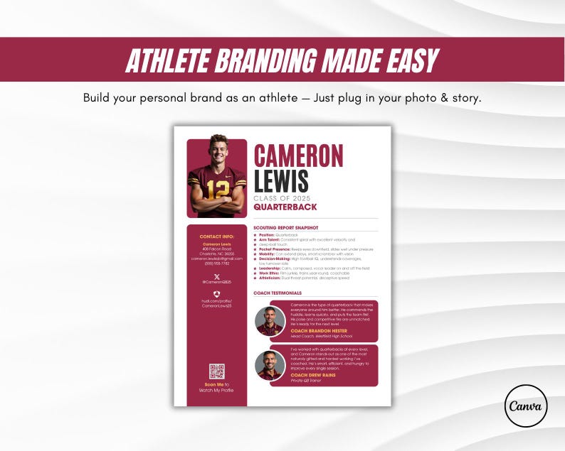 Boys Football Athlete Profile Template Editable in Canva College ...