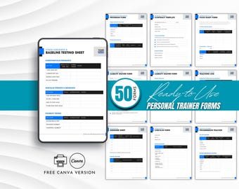 May include: A collection of 50 ready-to-use personal trainer forms, including fitness assessments, contract templates, and food diaries. The forms are displayed on a white background with blue accents and are available in a free Canva version.