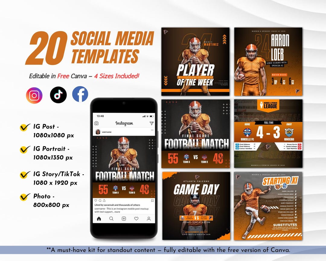 Football Social Media Template Bundle Editable in Canva Game Day Posts ...