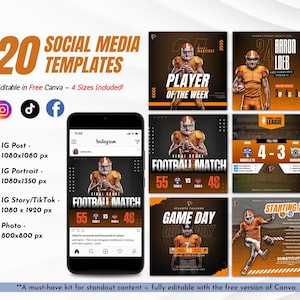 20 Football Social Media Templates | Game Day, Player Stats, Match Schedules & More | Editable Canva Kit – 4 Sizes Included