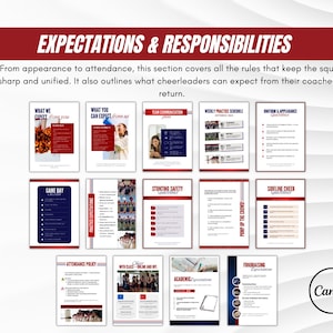 Pu&ograve; includere: Un documento intitolato "EXPECTATIONS & RESPONSIBILITIES" con sottotemi come "Game Day" e "Attendance Policy". Il documento &egrave; destinato alle cheerleader, che copre regole e aspettative. Il design presenta uno schema di colori rosso e bianco.