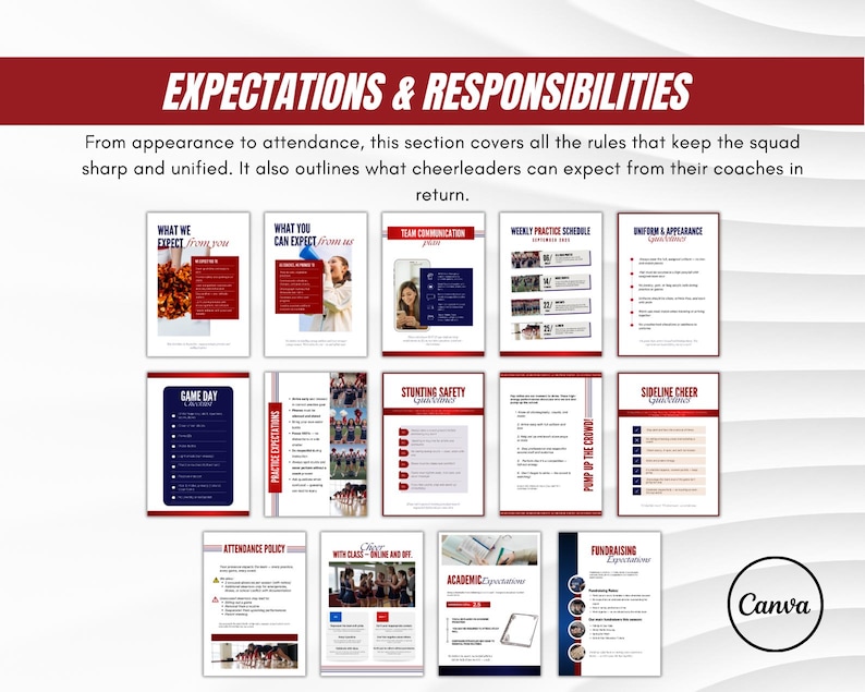 Pu&ograve; includere: Un documento intitolato "EXPECTATIONS & RESPONSIBILITIES" con sottotemi come "Game Day" e "Attendance Policy". Il documento &egrave; destinato alle cheerleader, che copre regole e aspettative. Il design presenta uno schema di colori rosso e bianco.