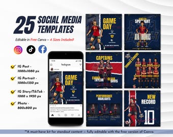 25 Fußball Social Media Vorlagen | Spieltag, Spieler-Statistiken, Spielpläne & Mehr | Bearbeitbares Canva Kit - 4 Größen enthalten