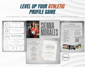 May include: A customizable Canva template for an athletic profile. The template features a gray background with a white border. The template includes a photo of a female athlete, a section for personal information, and a section for skills and strengths. The template also includes a QR code. The text on the template reads "Level Up Your Athletic Profile Game" and "Sienna Morales".