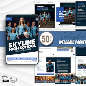 May include: A volleyball welcome packet with a navy blue and white design. The cover features a team photo and the text "Skyline High School Girls Volleyball." The packet includes 50 pages of information, team introductions, and coach details.