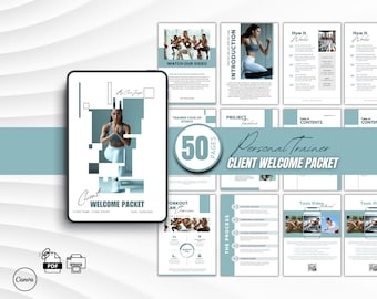 Pakiet powitalny dla klienta trenera personalnego, edytowalny w Canva, 50-stronicowy przewodnik wprowadzający trenera fitness z formularzami rekrutacyjnymi i umowami