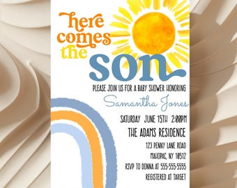 Here Comes The Son Baby Shower Invitation, Sunshine Baby Shower Invite, Son Baby Shower Invitation boy, Editable
