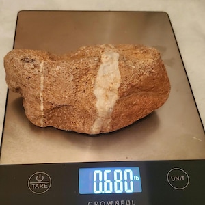 May include: A rough, tan-colored rock with a prominent white vein running through it, resting on a digital scale. The scale displays a weight of 0.680 lb. The rock's texture is coarse and uneven.