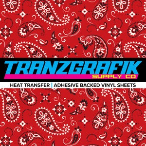 May include: Red bandana print with white and black paisley patterns. Heat transfer and adhesive backed vinyl sheets.  TranzGrafic Supply Co.