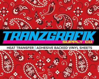 Red Bandana Sheet - Heat Transfer or Sticker Vinyl or Paper - 12x18 inches - HTV - Adhesive - Paisley Pattern - Vinyl Cutting Supplies