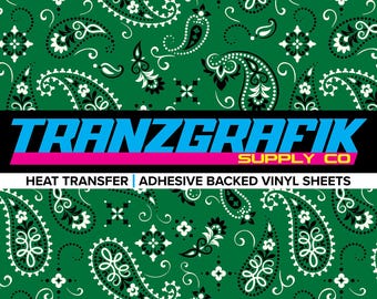 Kelly Green Bandana Pattern - Heat Transfer - Sticker Vinyl - Paper Sheet - 12x18 inches - HTV - Adhesive Vinyl - Paisley - Sheets
