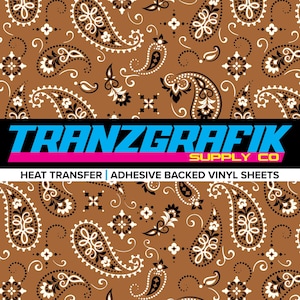 May include: Brown paisley pattern with white and black accents. The image features the text "TRANZGRAFIK SUPPLY CO" in blue and pink, with the words "HEAT TRANSFER | ADHESIVE BACKED VINYL SHEETS" below.
