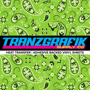 May include: Lime green background with a repeating paisley pattern in black and white. The image features the text "TRANZGRAFIK SUPPLY CO" in blue, pink, and yellow, with the words "HEAT TRANSFER | ADHESIVE BACKED VINYL SHEETS" below.