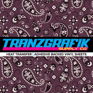 May include: A burgundy paisley pattern with white and black accents. The image features the text "TRANZGRAFIK SUPPLY CO" in blue, pink, and yellow. Below the text are the words "HEAT TRANSFER | ADHESIVE BACKED VINYL SHEETS."