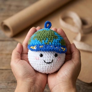 Op de afbeelding: Een gehaakte Aarde-ornament met een lachend gezicht, vastgehouden in komvormige handen. Het ornament heeft een witte body, een blauw en groen wereldbolontwerp en een kleine lus om op te hangen. De achtergrond omvat bruin papier en een houten oppervlak.