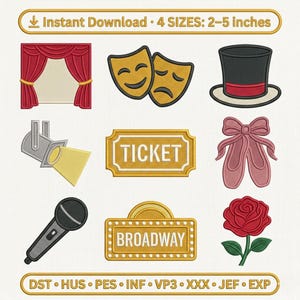 Theater Broadway Embroidery Design Bundle, 9 Stage Icons Machine Embroidery File, 4 Sizes, PES DST