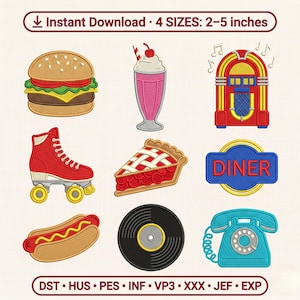 May include: A digital embroidery design set featuring nine retro icons: a hamburger, a milkshake, a jukebox, a red roller skate, a slice of cherry pie, a blue sign with the text DINER, a hot dog, a vinyl record, and a teal rotary telephone.