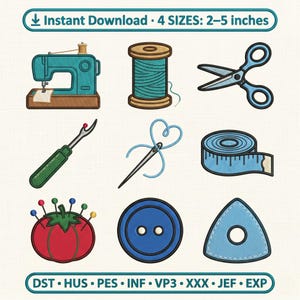 May include: An embroidery design set featuring a teal sewing machine, a spool of teal thread, blue scissors, a green seam ripper, a needle with blue thread, a blue measuring tape, a red tomato pincushion, a blue button, and a blue tailor chalk.